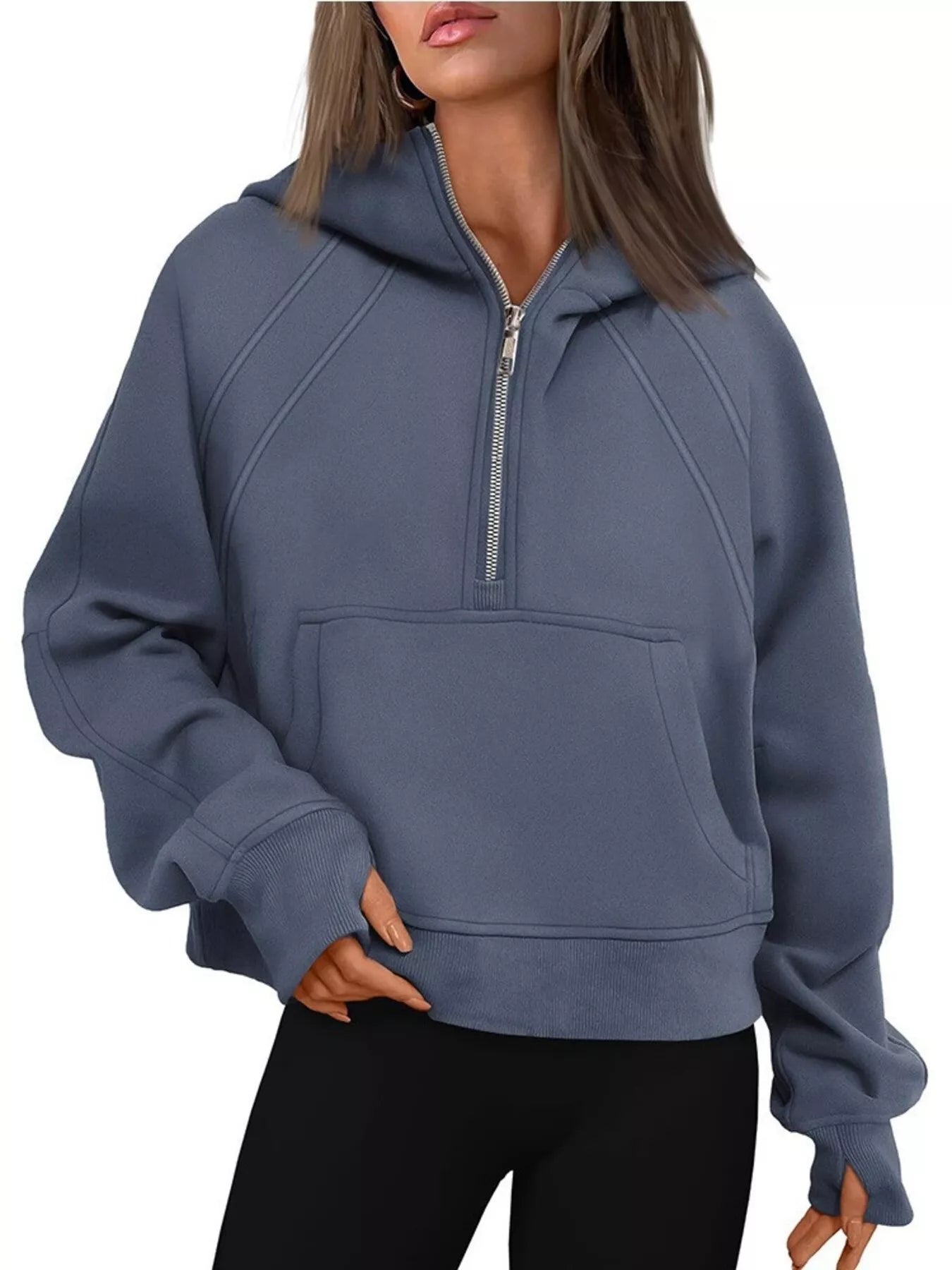 Trendy Half Zip Raglan Sleeve Hoodie with Pockets - 65% Rayon Stretch Fabric