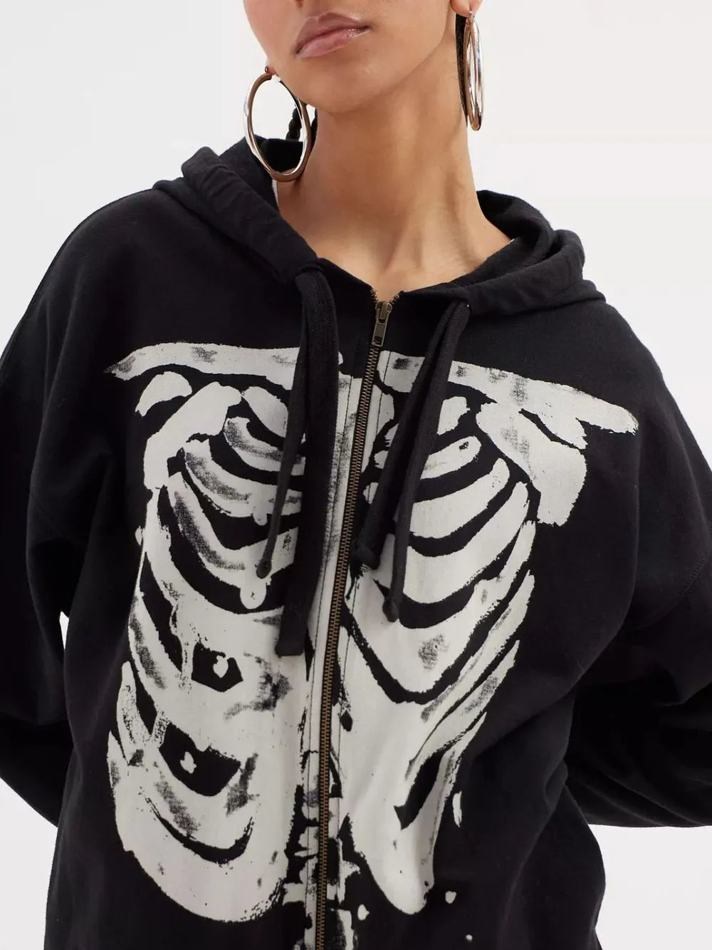 Trendy Skeleton Zip Up Drawstring Hoodie - Slightly Stretchy, Opaque Material - Sizes S to XL