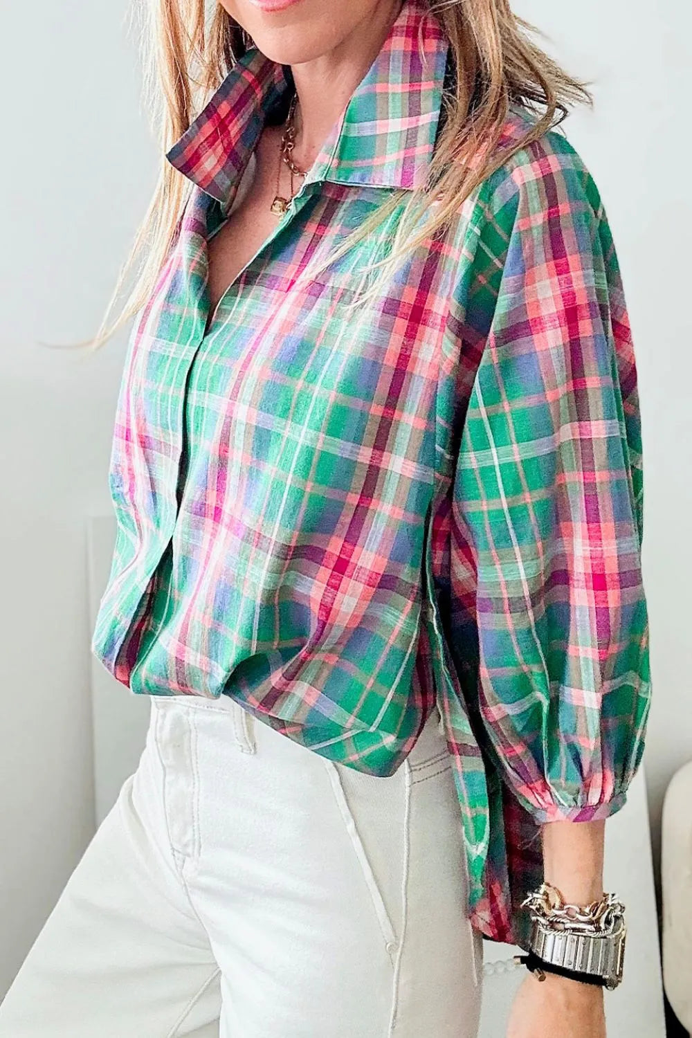 Plaid Collared Neck Shirt with Three-Quarter Sleeves - 90% Cotton, Opaque, Machine Washable