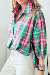 Plaid Collared Neck Three-Quarter Sleeve Shirt