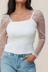 Swiss Dot Mesh Long Sleeve Square Neck Slim Top White