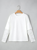 Lace Detailed Long Sleeve Drop Shoulder Tee - Slightly Stretchy Casual Top - Store 42