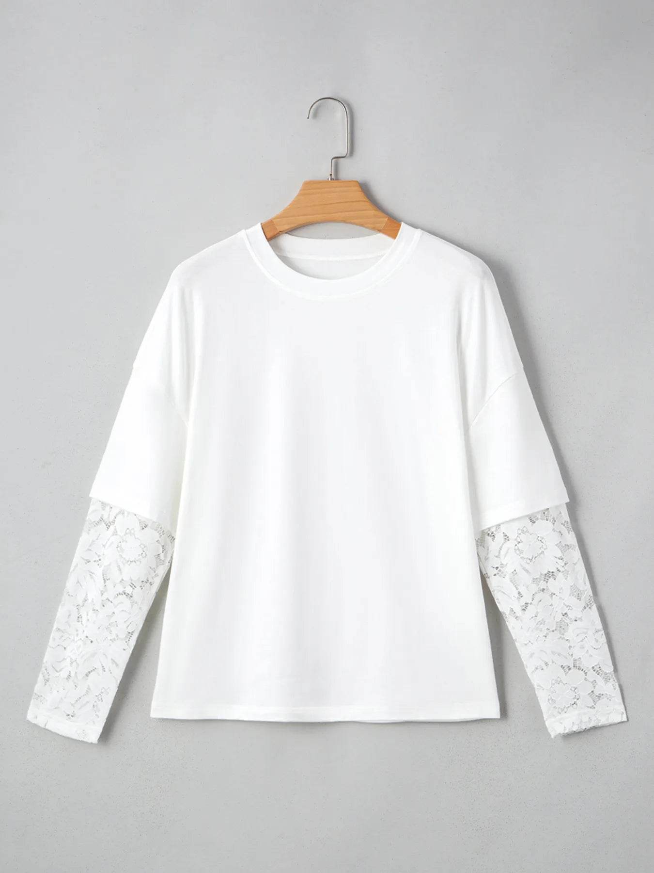 Lace Detailed Long Sleeve Drop Shoulder Tee - Slightly Stretchy Casual Top - Store 42