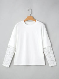 Lace Detailed Long Sleeve Drop Shoulder Tee - Slightly Stretchy Casual Top - Store 42