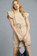 Umgee Luxe knit Ruffle Sleeve Drawstring Mini Dress LATTE