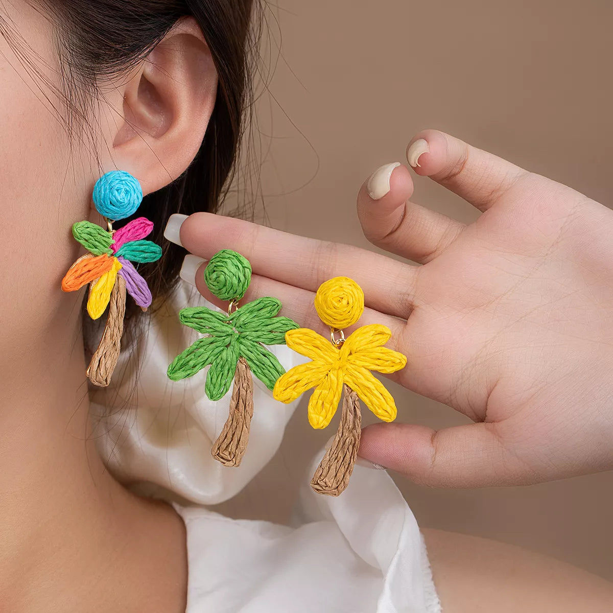 Vibrant Colorful Woven Flower Drop Earrings in Stainless Steel and Raffia Grass