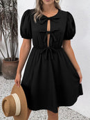Tie Front Puff Sleeve Mini Dress Black