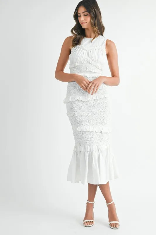 MABLE Ruffled Popcorn Smocked Mermaid Midi Dress with Frills - Elegant Summer Fashion