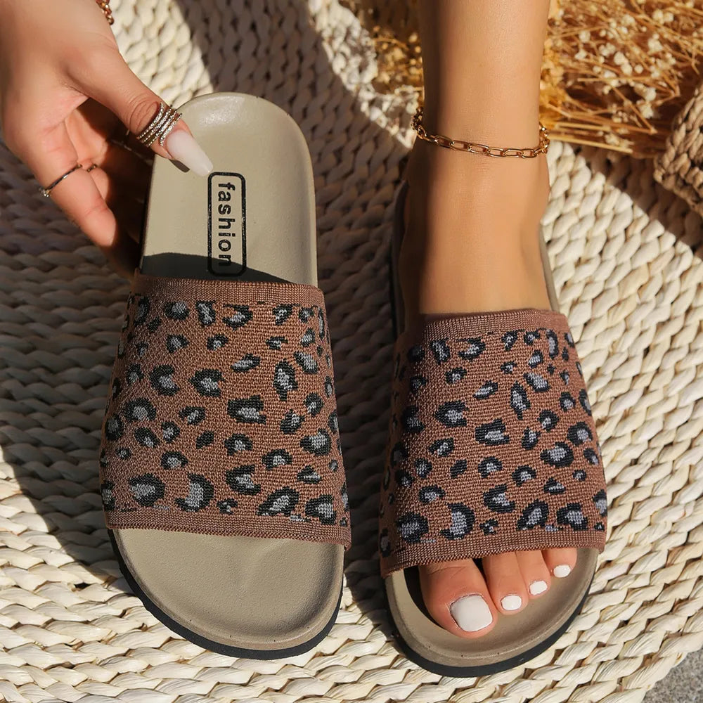 Trendy Leopard Print Open Toe Flat Sandals - Stylish PU Material for Effortless Chic