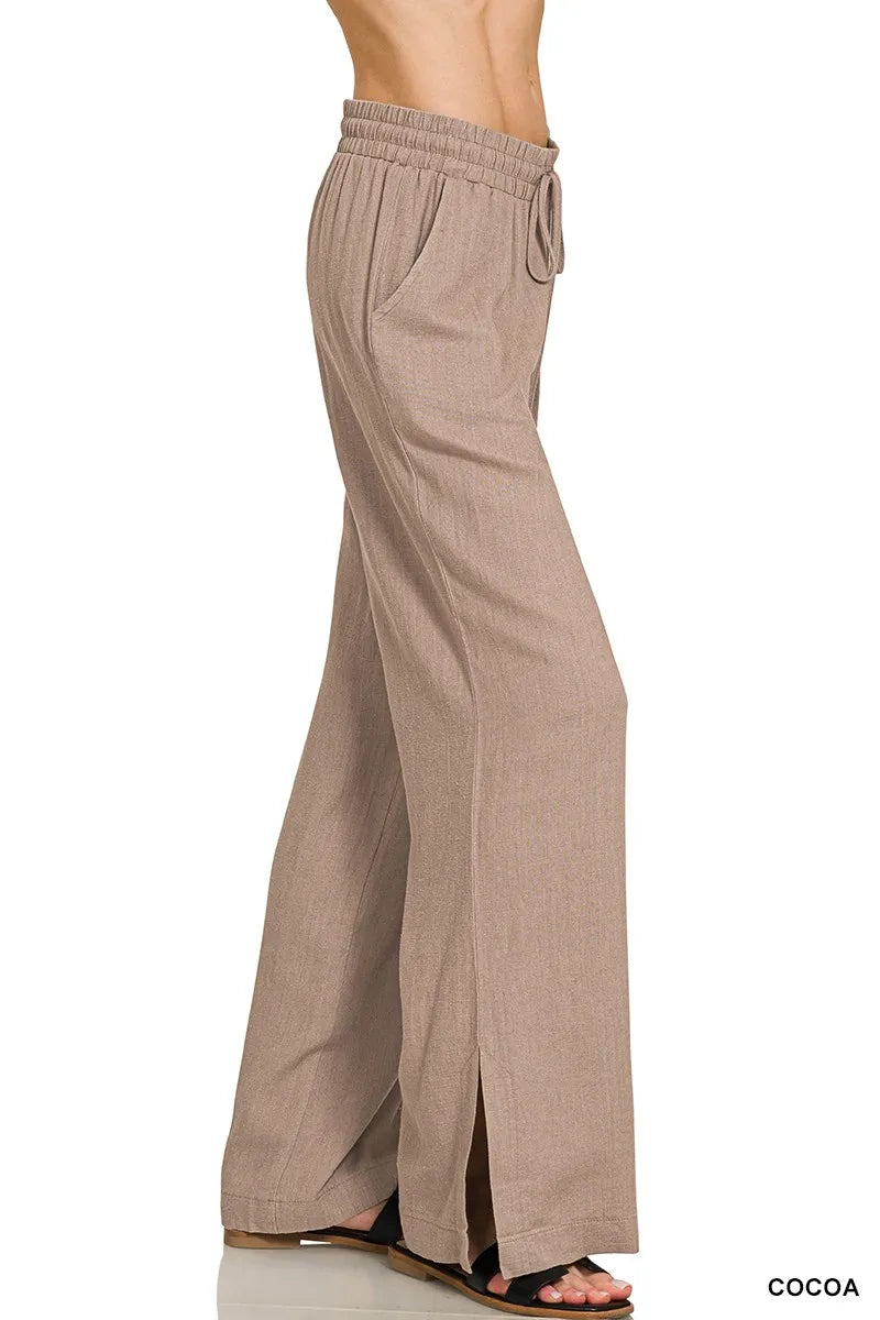 Zenana Casual Wide Leg Drawstring Pants in Taupe - Elastic Waist, Soft Linen-Rayon Blend