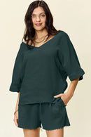 Double Take Texture Half Sleeve T-Shirt and Drawstring Shorts Set Deep Teal