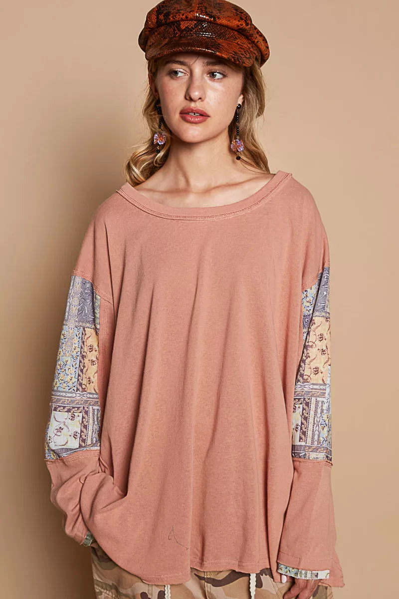 POL Round Neck Long Sleeve Roomy Fit Top with Stitch Detail