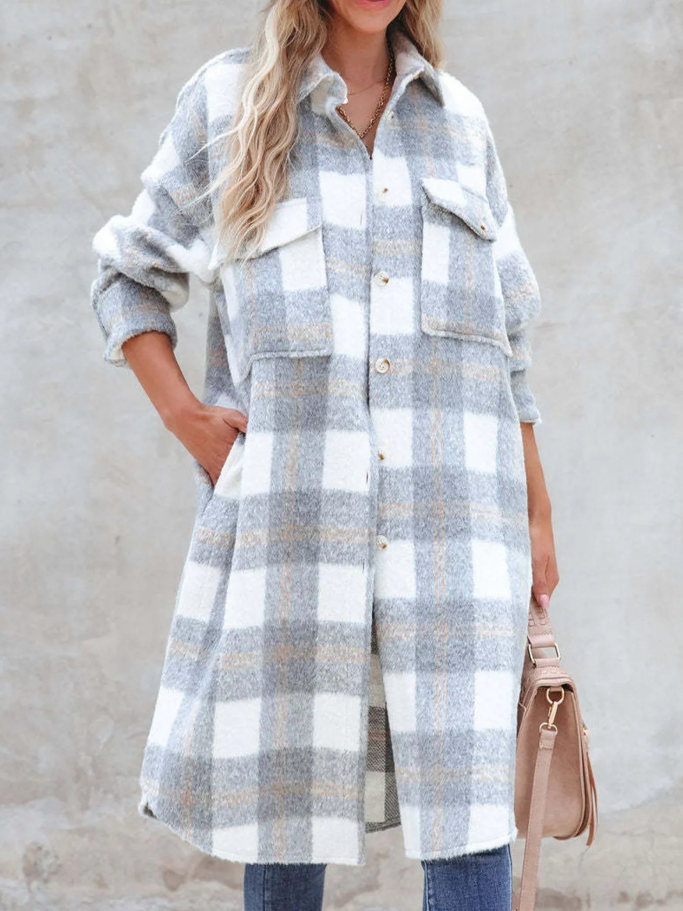 Oversized Plaid Button Up Longline Jacket