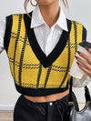 Plaid V-Neck Cropped Sweater Vest Yellow