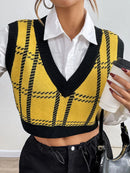 Plaid V-Neck Cropped Sweater Vest Yellow