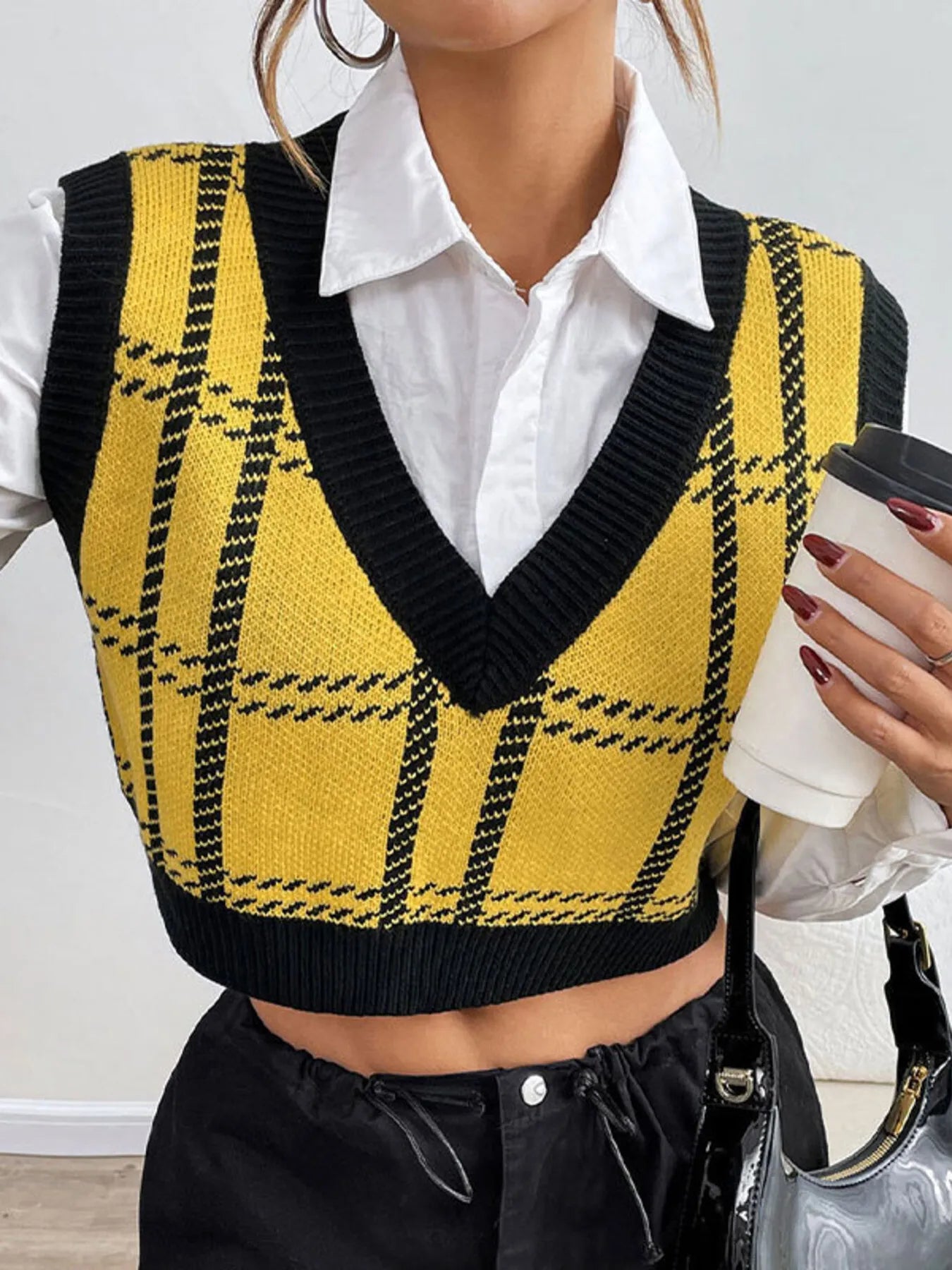 Trendsi Plaid V-Neck Cropped Sweater Vest - 100% Acrylic, Slightly Stretchy, Easy Care