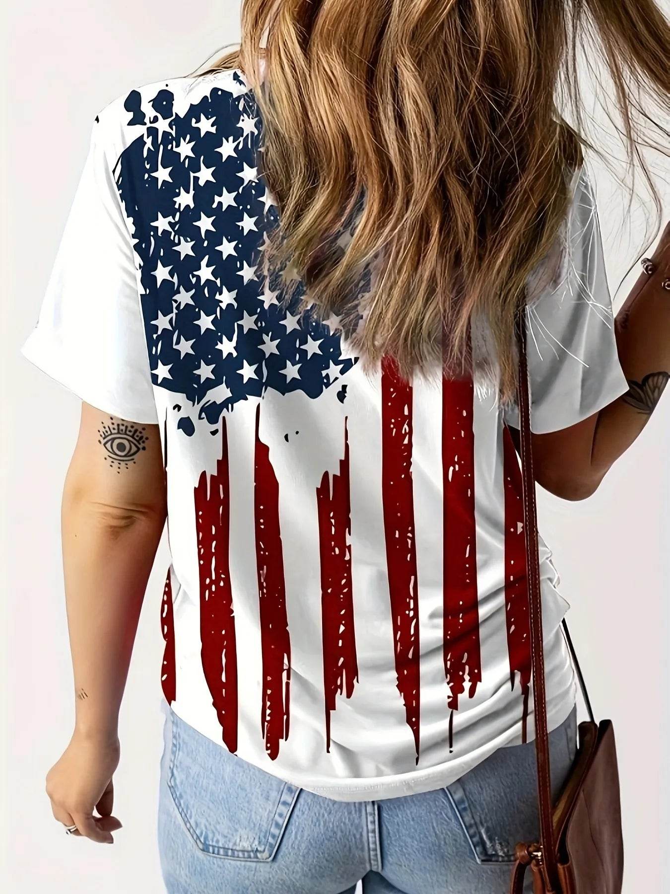 American Flag V-Neck Short Sleeve T-Shirt - 95% Polyester, 5% Spandex, Imported Style