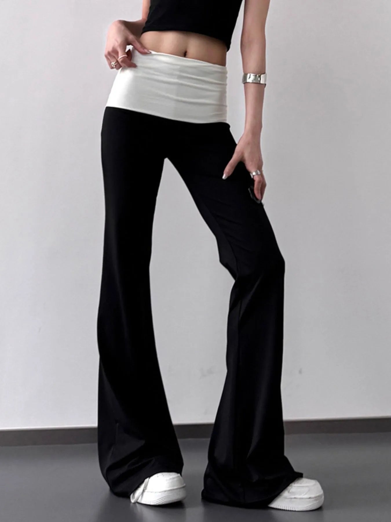 Trendsi 100% Polyester Contrast Waistband Flare Pants for Women - Stylish & Comfortable