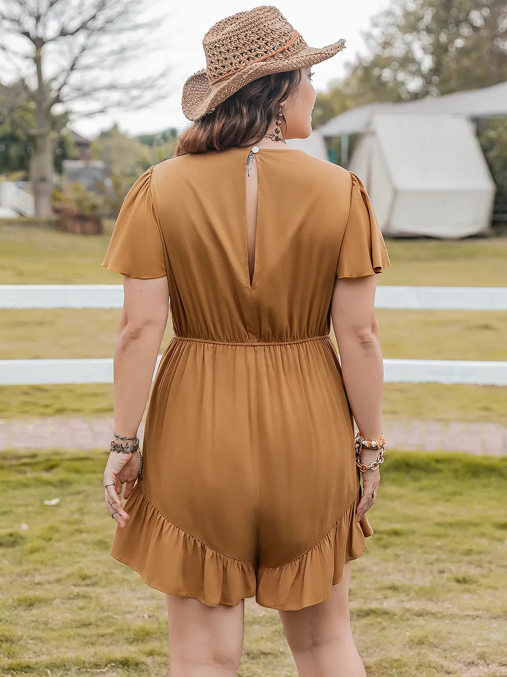 Stylish Plus Size Ruffled V-Neck Romper with Short Sleeves - 100% Viscose Casual Wear