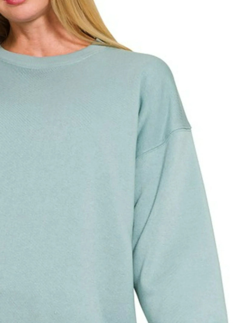 Zenana Oversized Fleece Crewneck Sweatshirt - Soft Cotton Blend in Elegant Blue Grey