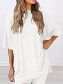 Full Size Oversized Round Neck Top and Shorts Set Plus Size White