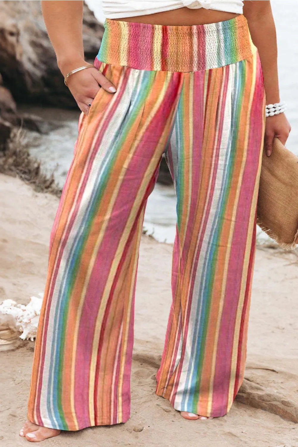 Plus Size Striped Wide Leg Pants - Opaque, 100% Polyester, Machine Washable, Trendy Style