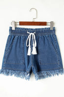 Raw Hem Drawstring High Waist Denim Shorts with Pockets