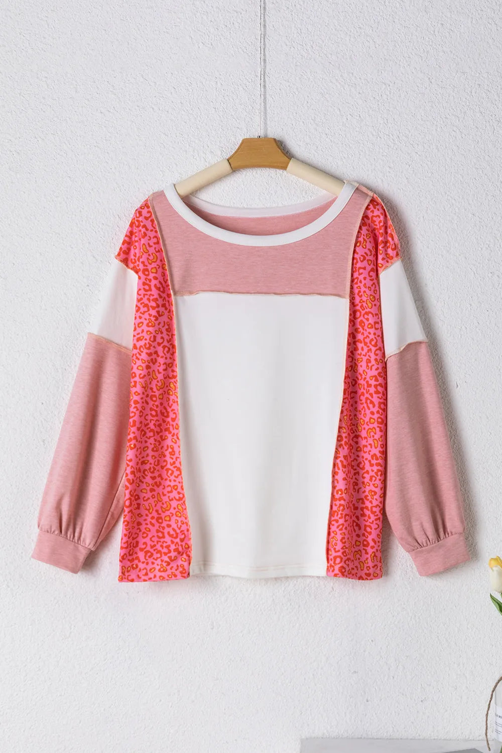 Sleek Exposed Seam Leopard Color Block Top - Round Neck, Opaque, Slightly Stretchy, Casual Chic