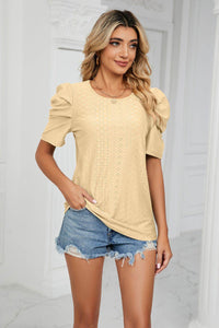 Trendsi Eyelet Puff Sleeve Blouse - Casual Round Neck Top for Every Occasion - Store 42