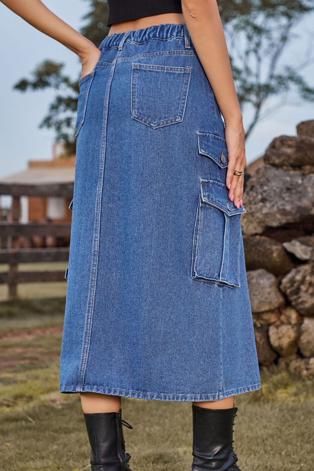 Stylish Slit Front Midi Denim Skirt with Pockets - Casual Solid Design by Trendsi