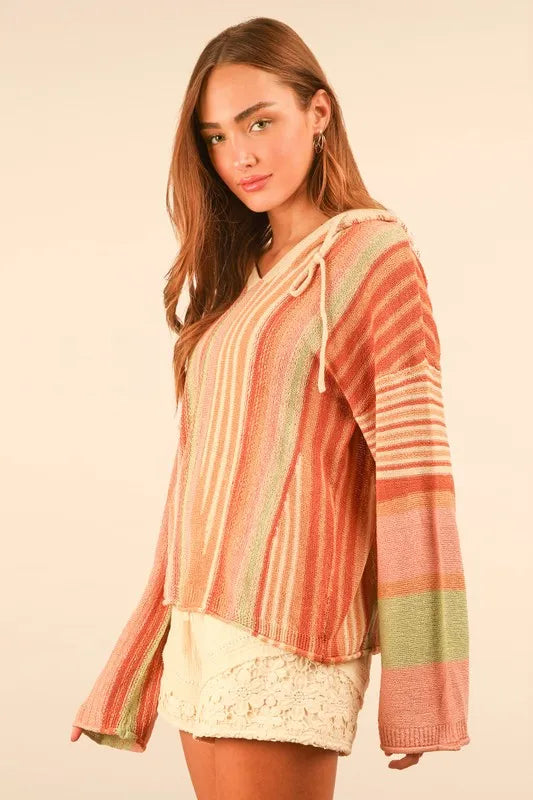 Trendy Multi-Color Stripe Long Sleeve Knit Hoodie with Drawstring and Ribbed Cuffs