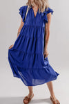 Ruffled Short Sleeve Collared V Neck Tiered Midi Dress Light Indigo