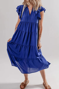 Ruffled Short Sleeve Collared V Neck Tiered Midi Dress Light Indigo