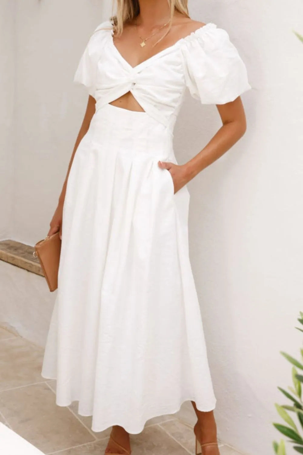 Sweetheart Neck Puff Sleeve Dress White
