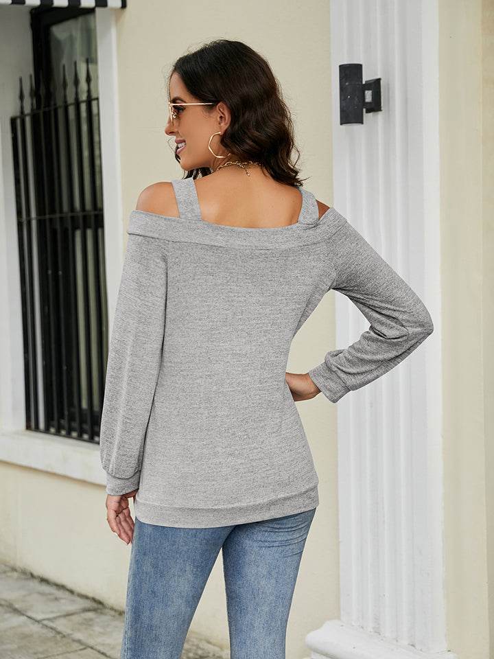 Trendy Cold Shoulder Cutout Blouse with Square Neck - Slightly Stretchy Cotton-Polyester Blend