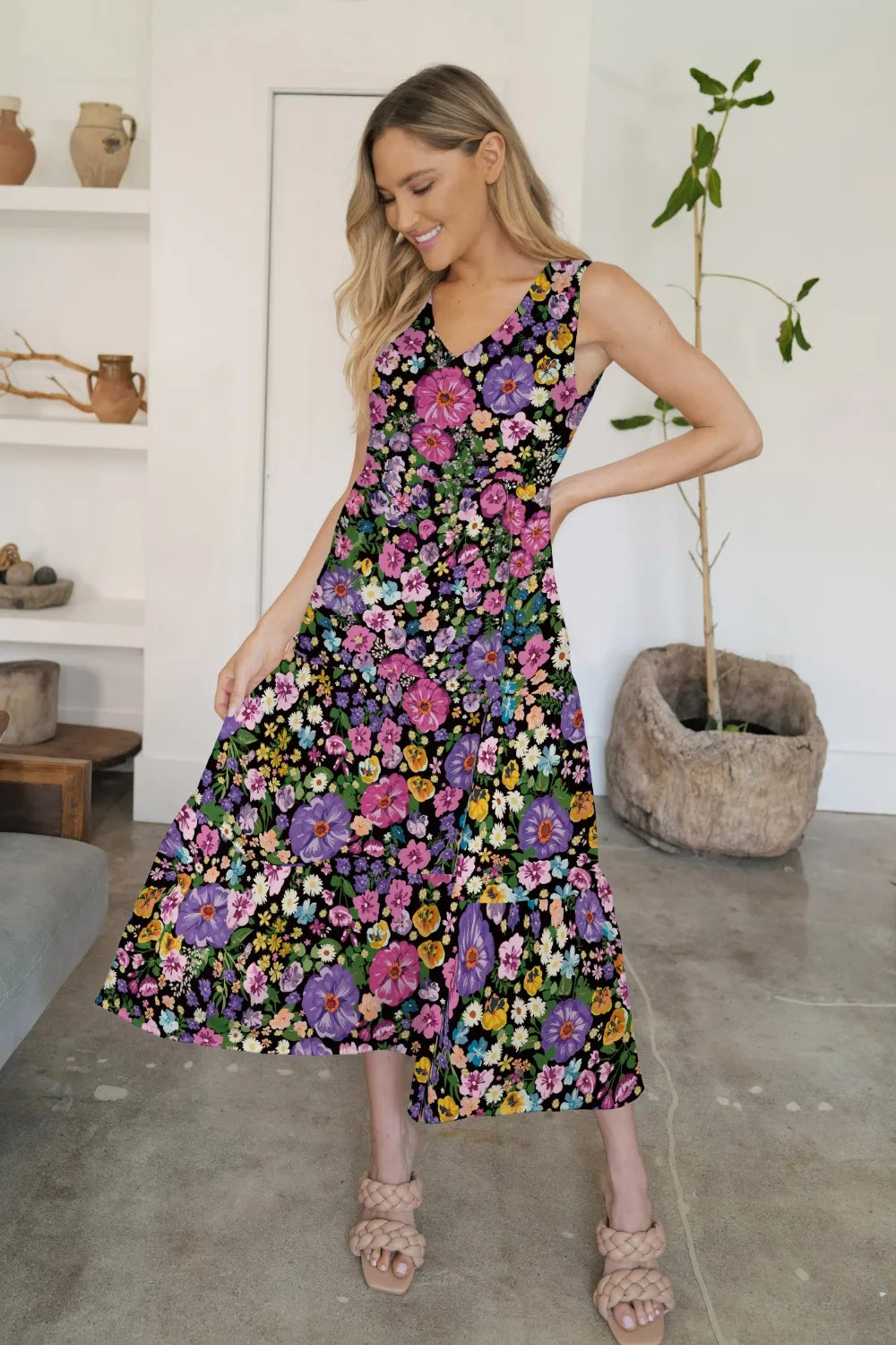 FAM-FAM Tiered Printed V-Neck Sleeveless Dress Floral