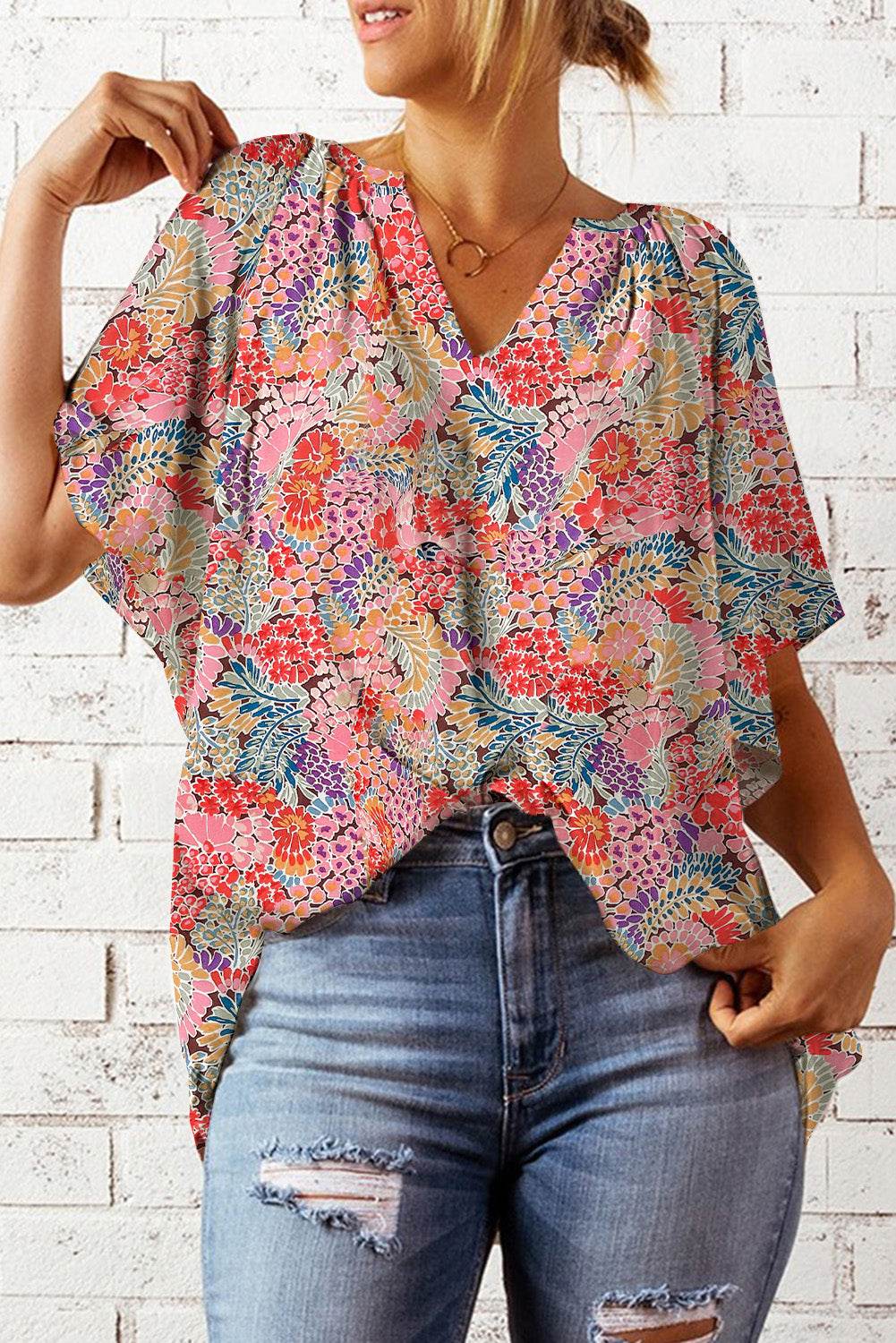 Floral Notched Neck Long Sleeve Flutter Blouse - Casual 100% Polyester Top by Trendsi - Store 42
