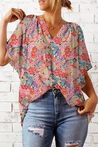Floral Notched Neck Long Sleeve Flutter Blouse - Casual 100% Polyester Top by Trendsi - Store 42