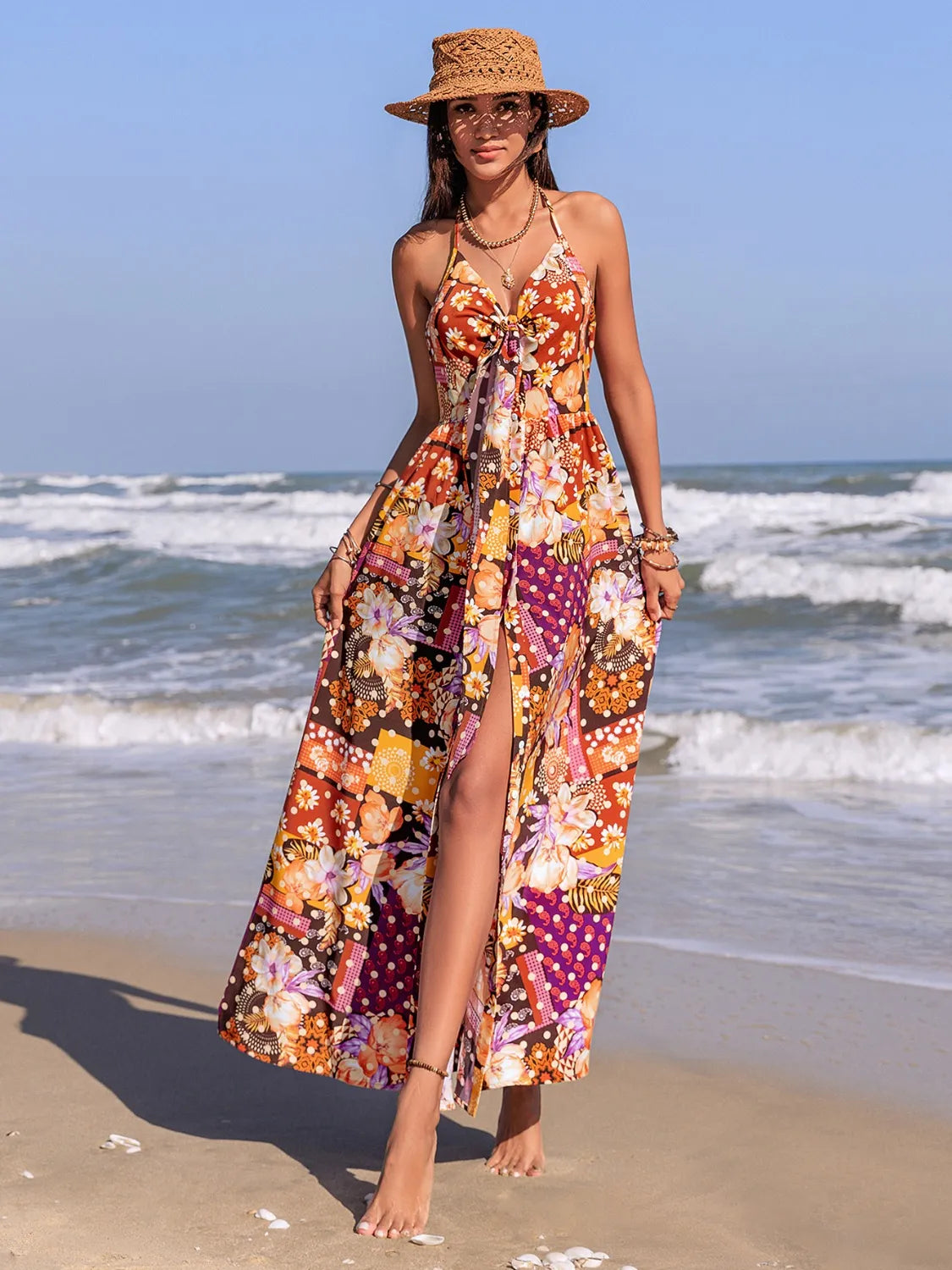 Slit Printed Halter Neck Cami Dress - 100% Polyester, Buttoned Design, No Stretch