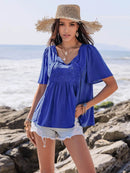 Lace Detail Tie Neck Short Sleeve Top for Women - 100% Viscose, Ruched Design, Imported - Store 42