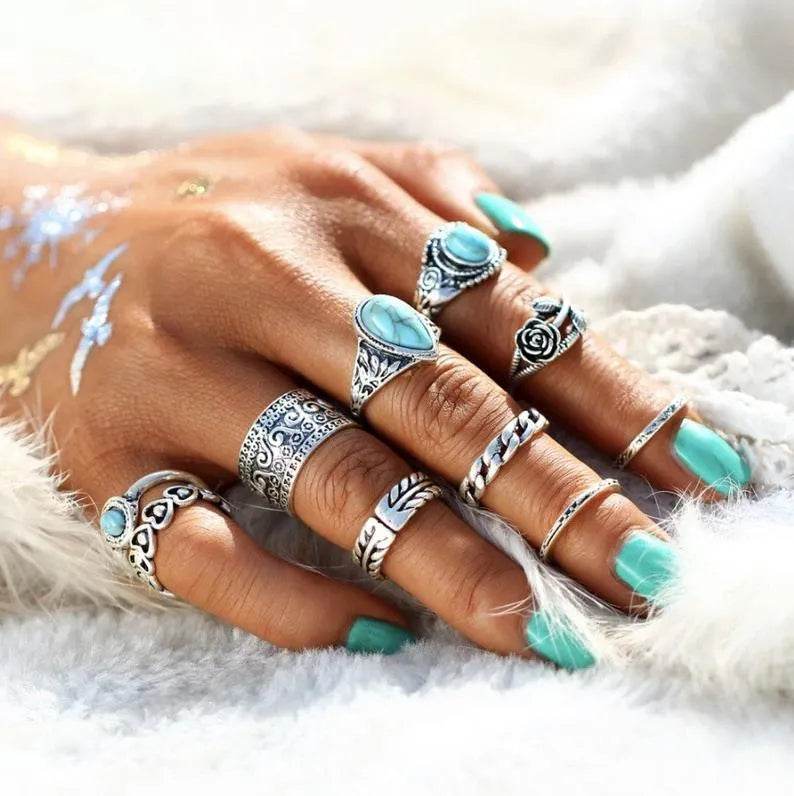 10-Piece Artificial Turquoise Alloy Ring Set - Trendy Costume Jewelry for Women