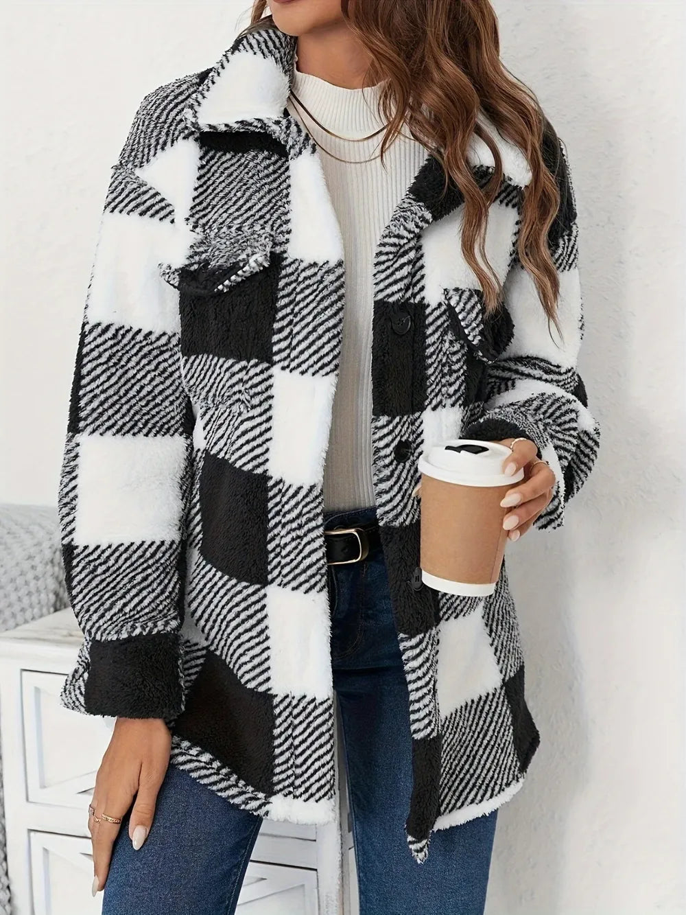 Fuzzy Plaid Button-Up Long Sleeve Outerwear - Cozy 100% Polyester Layering Top