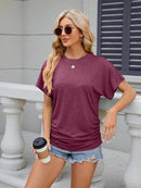 Slightly Stretchy Ruched Round Neck Short Sleeve T-Shirt for Women - Casual Basic Tops - Store 42