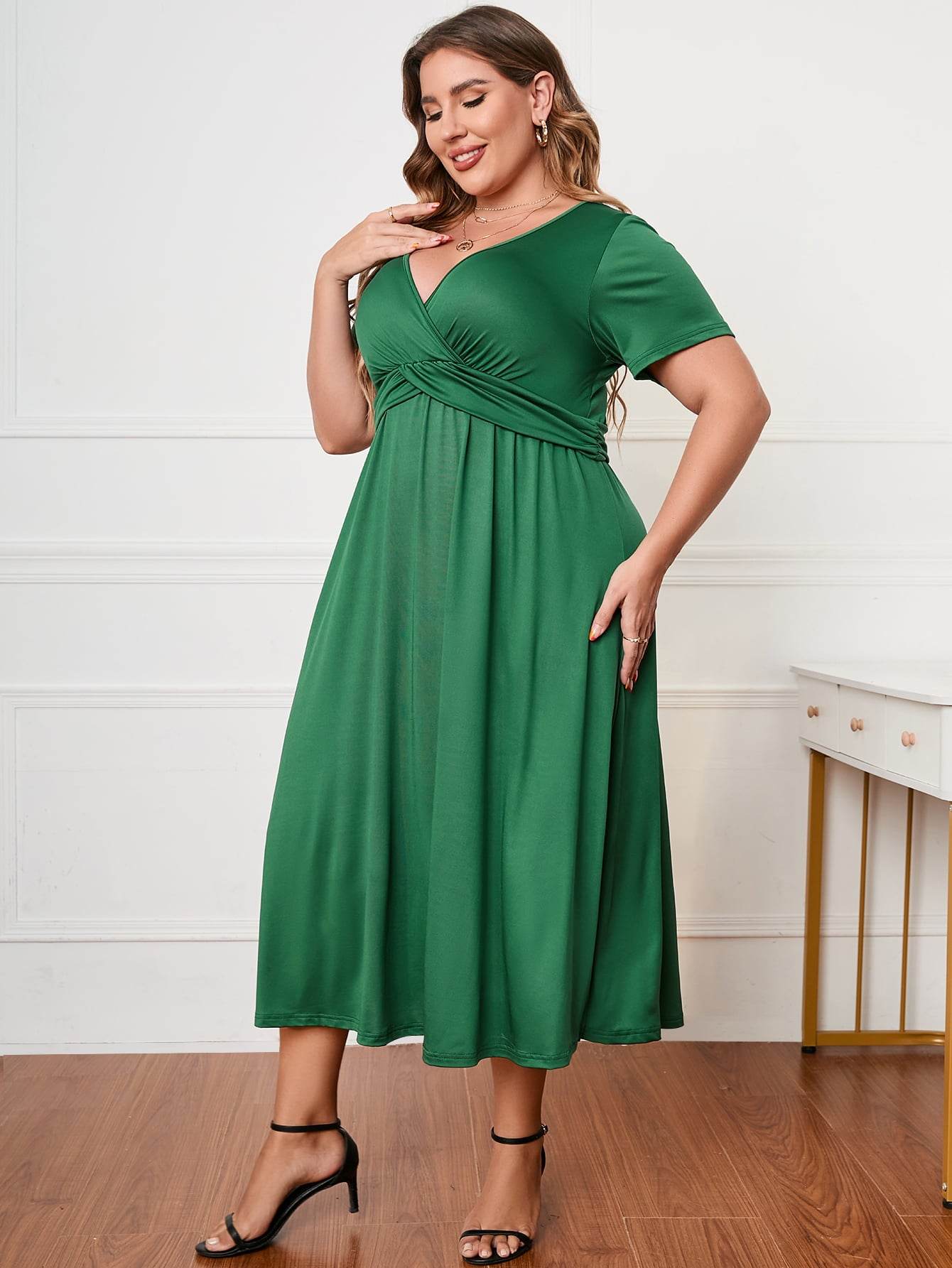 Honey Plus Size Short Sleeve Surplice Neck Midi Dress - Store 42