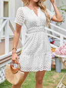 Eyelet Notched Short Sleeve Dress