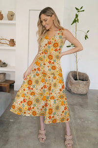 FAM-FAM Tiered Printed V-Neck Sleeveless Dress Light Yellow