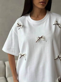 Elegant Bow Round Neck Oversized T-Shirt with Lace Detail - 100% Polyester, Machine Washable - Store 42