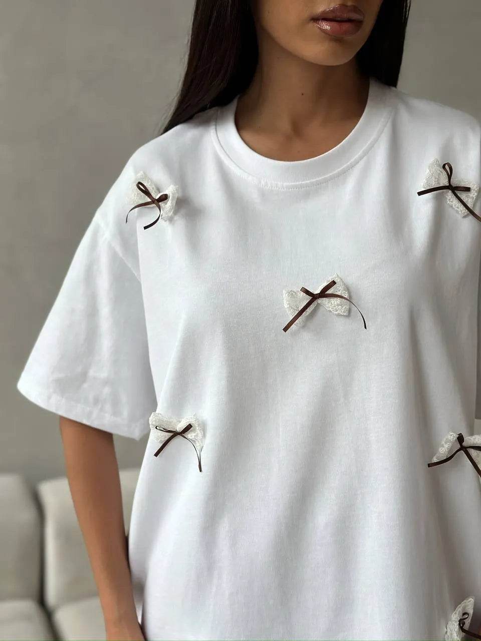 Elegant Bow Round Neck Oversized T-Shirt with Lace Detail - 100% Polyester, Machine Washable