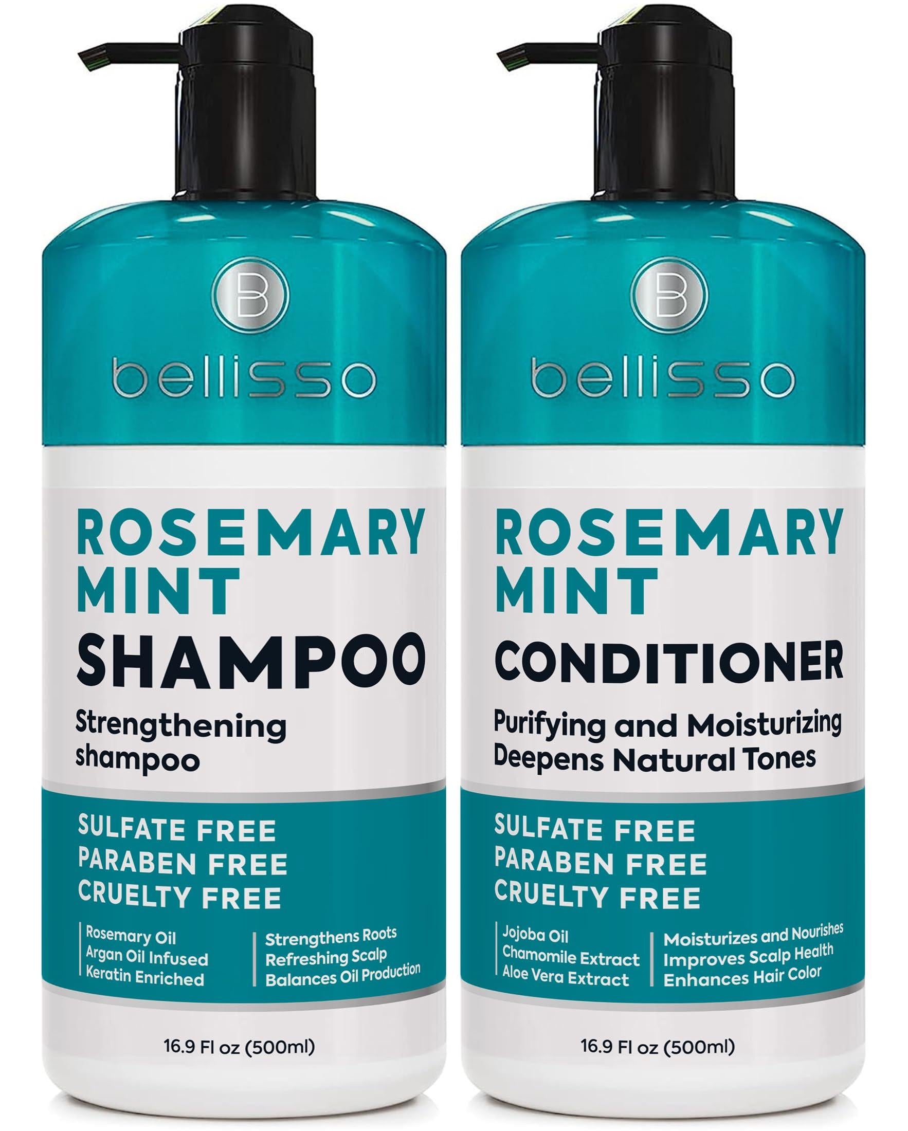 Bellisso Rosemary Oil & Mint Shampoo and Conditioner Set - Sulfate Free, Moisturizing, Anti-Dandruff, Scalp Health, Volume Boosting
