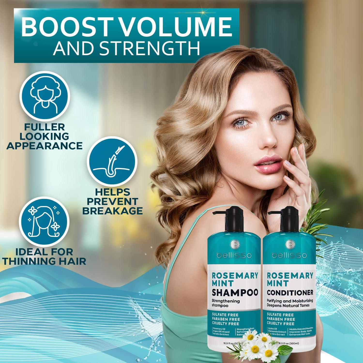 Bellisso Rosemary Oil & Mint Shampoo and Conditioner Set - Sulfate Free, Moisturizing, Anti-Dandruff, Scalp Health, Volume Boosting